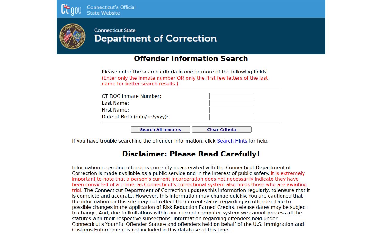 Connecticut arrest record CT DOC search fields