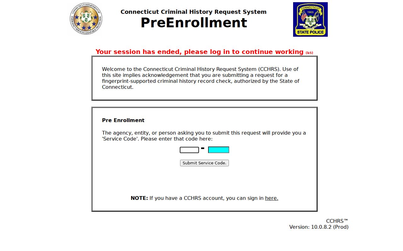 Connecticut SPBI criminal history CCHRS service-code pre-enrollment interface