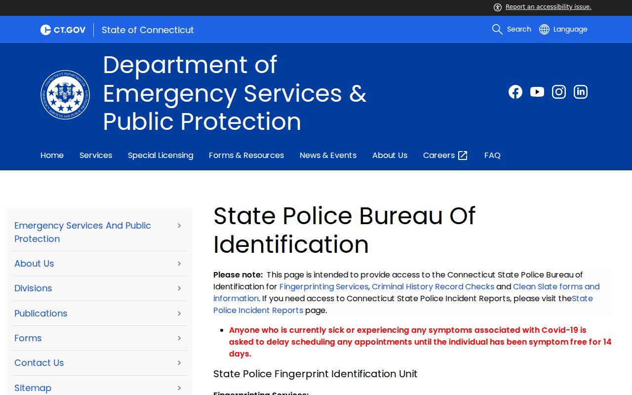 Connecticut SPBI criminal history products fees and fingerprint instructions