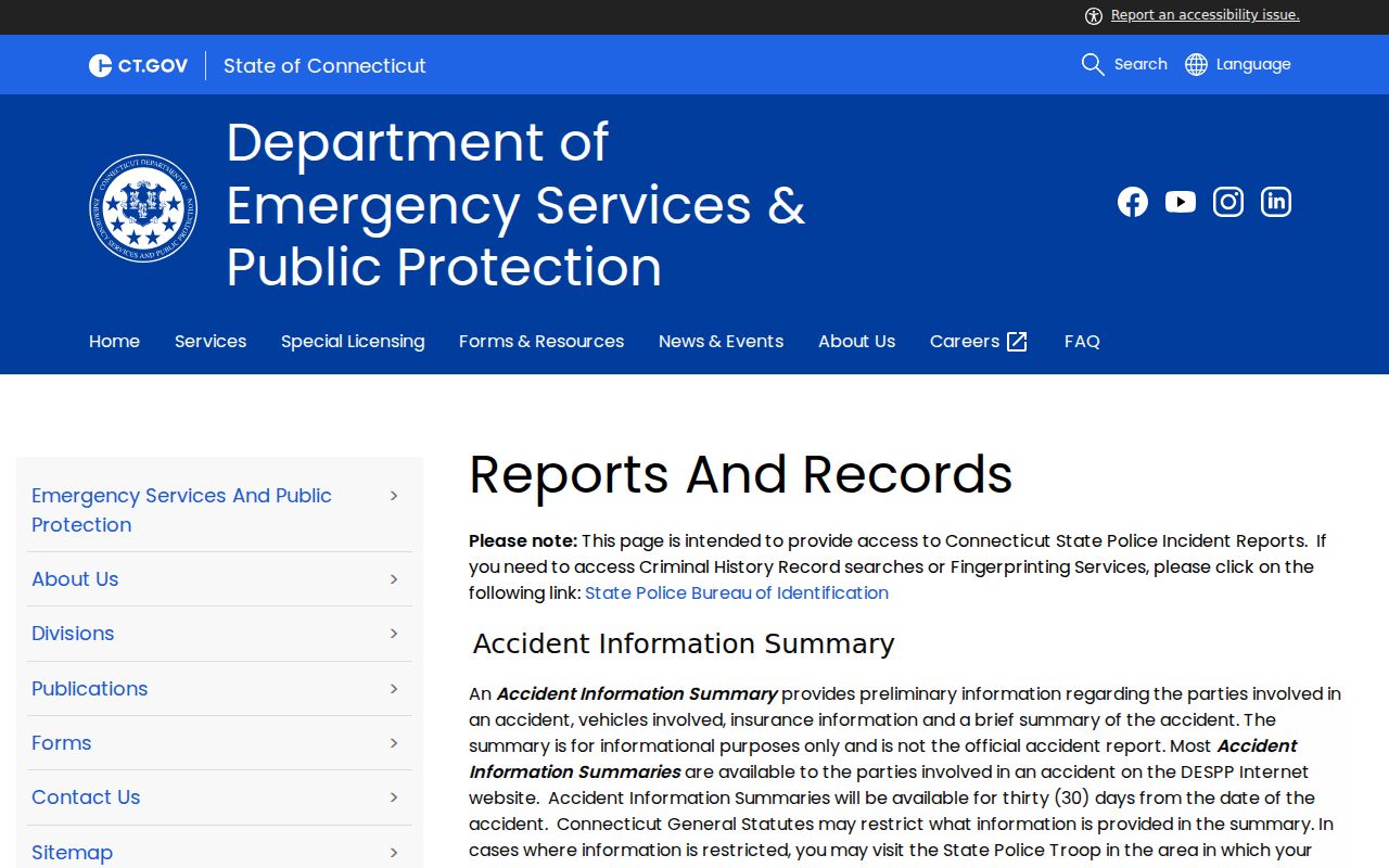 Connecticut criminal history State Police report request choices